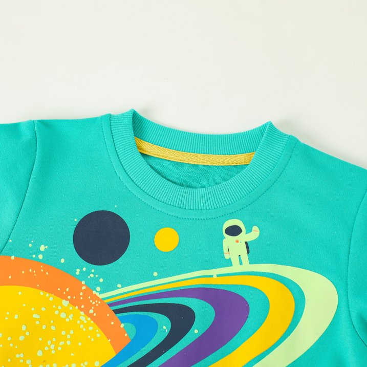HILEELANG Toddler Boy Sweatshirts Halloween Green Planet Graphic Glow in the Dark Crewneck Long Sleeve Pullover Cotton Top Sweater Shirts