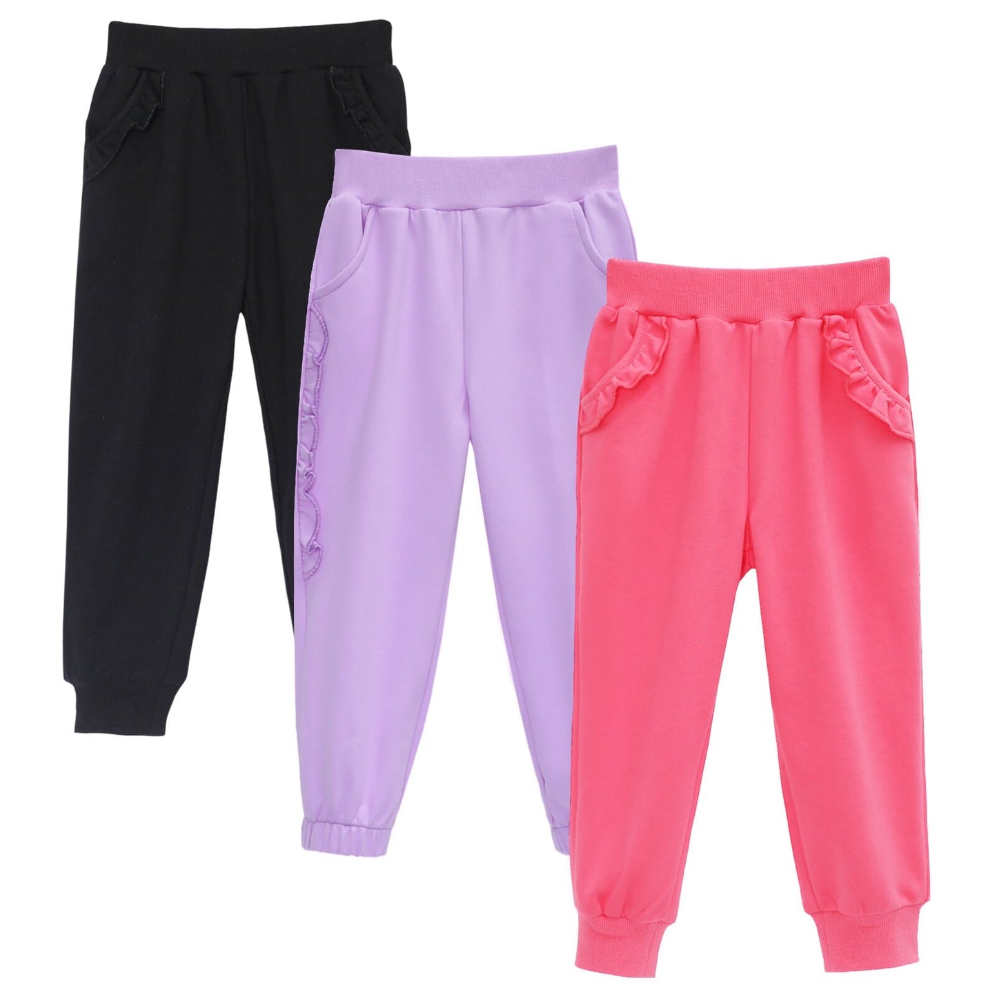 HILEELANG Baby Girls' Jogger Pants 3-Pack Pull on Cotton French Terry Solid Grey Navy pink Ruffle Pocket SweatPants12M