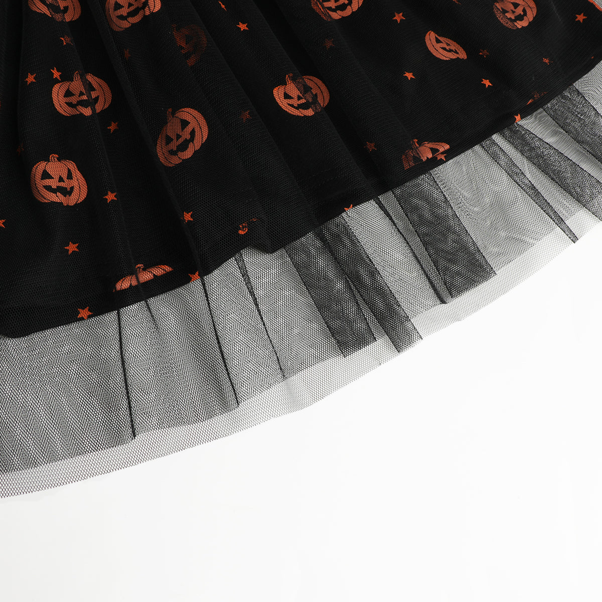 HILEELANG Girls Cotton Halloween Dress Black Cat Pumpkin Tulle Flutter Sleeve