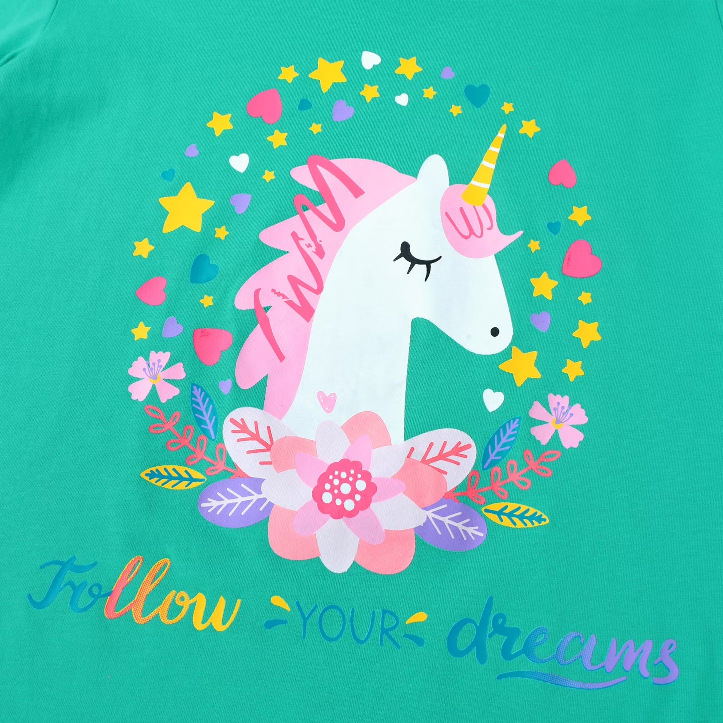 HILEELANG Little Girl Cotton Short Sleeve Tees, Unicorn Print, 3-Pack