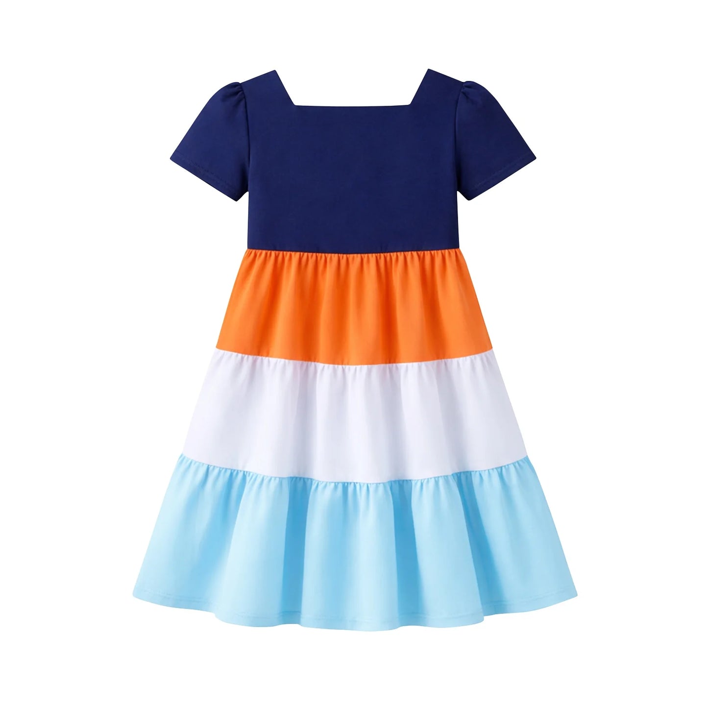 HILEELANG Toddler Girls 2-8T 100% Cotton Tiered Colorblock Dress Navy Colorblock Short Sleeve Casual Dress
