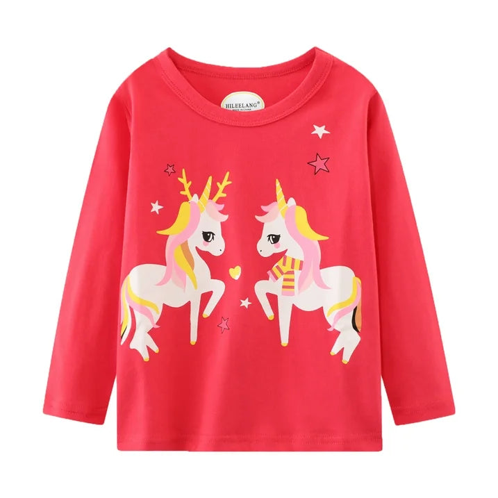 Toddler Girl Long Sleeve Shirts Christmas Ruffle Pink Red Unicorn Graphic Cotton Casual Crewneck Jersey Tunic T-Shirts 3 Packs