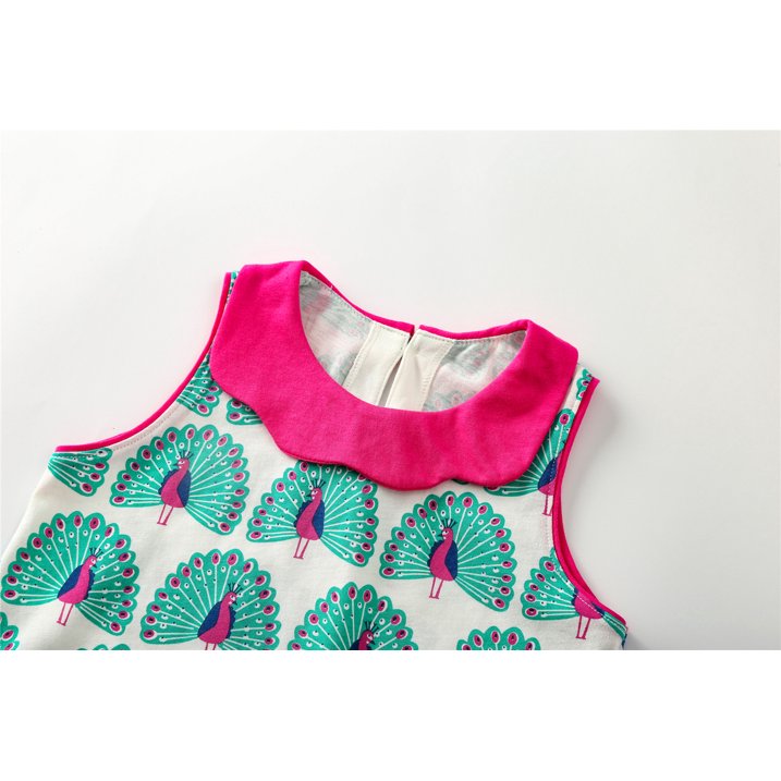 HILEELANG Toddler Girls Cotton Dress Sleeveless Casual Summer Striped Basic Shirt Green Peacock Pattern Jumpskirt Playwear