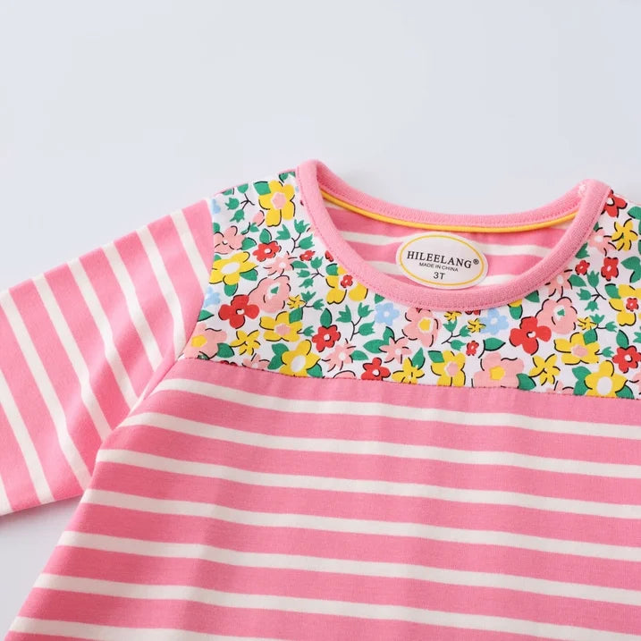 HILEELANG toddle Girls Long sleeved Dresses Christmas Casual Winter Cotton Casual Cute Party Cartoon Striped printing Pattern Dress
