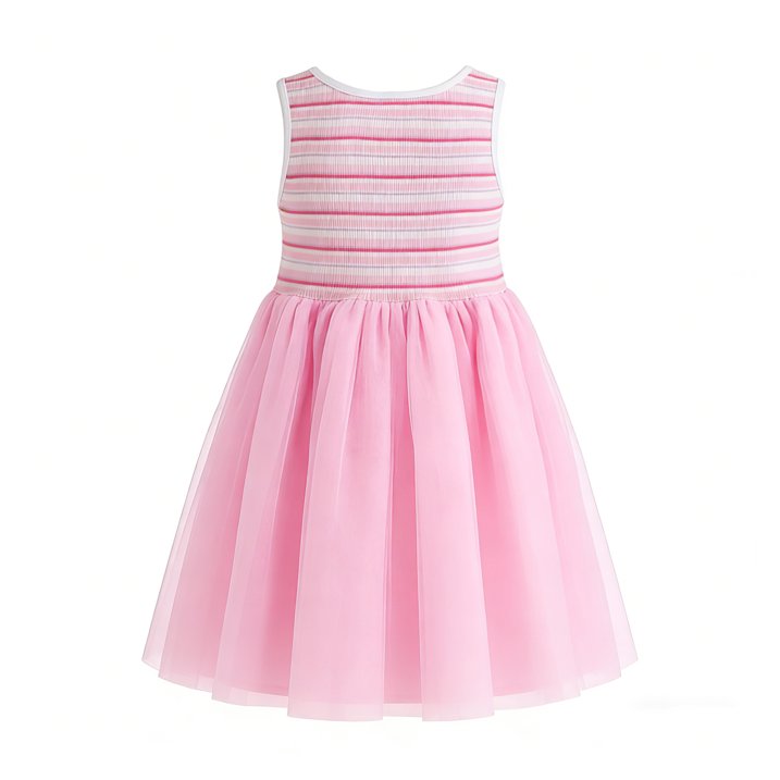 HILEELANG 2-7T Toddler Little Girls Sleeveless Striped Ribbed Tulle Dress, Soft Pink Summer Sundress