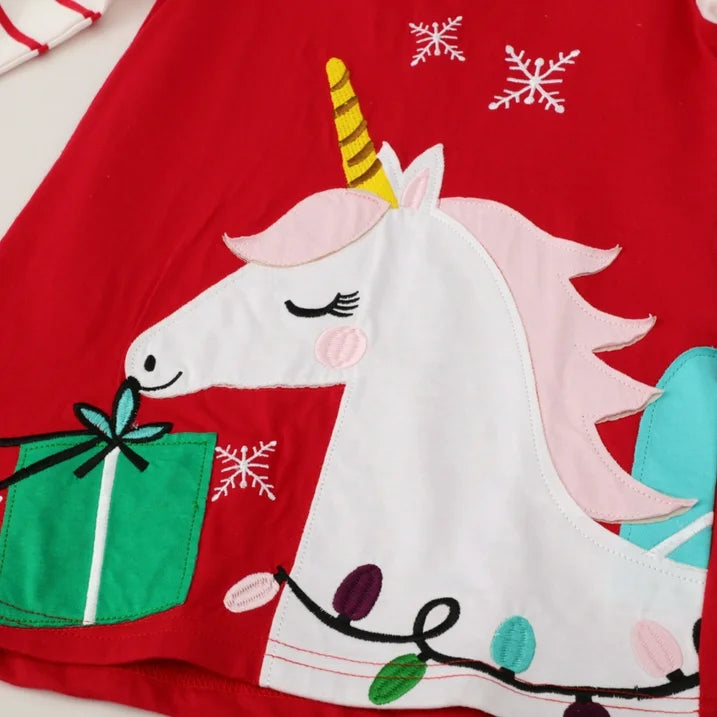 HILEELANG Toddler Girl Christmas Dress Red Unicorn Applique Cotton Casual Long Sleeve Tunic Playwear Dresses