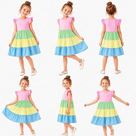 HILEELANG Girls Cotton Tiered Dress Flutter Ruffle Sleeve Summer Swing Sundress Birthday Party Casual Outfit Colorblock