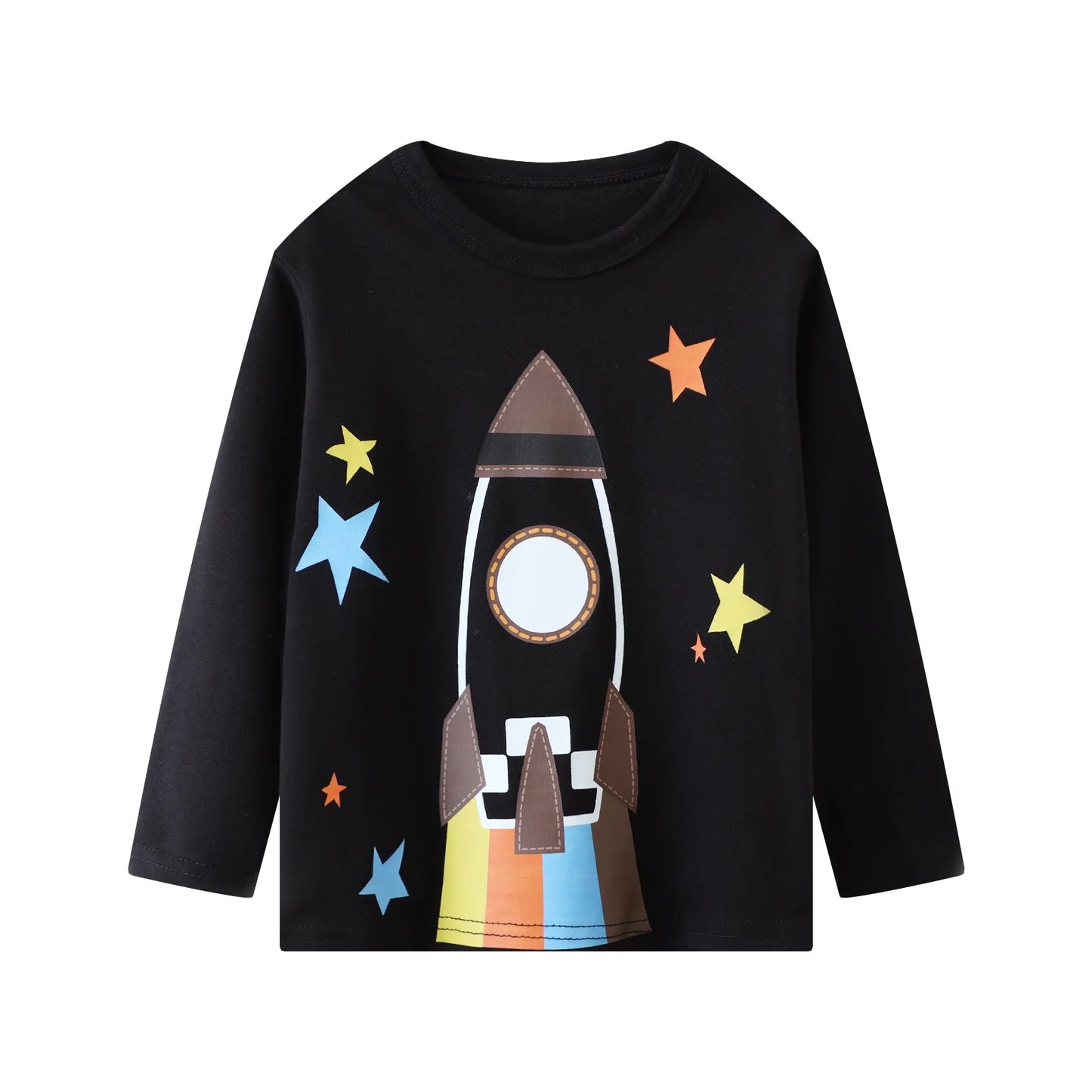 HILEELANG Toddler Boys' Long Sleeve Tee Shirt Christmas Cotton Casual Crewneck Rocket Graphic Tops T-Shirts Black Blue 3 Packs