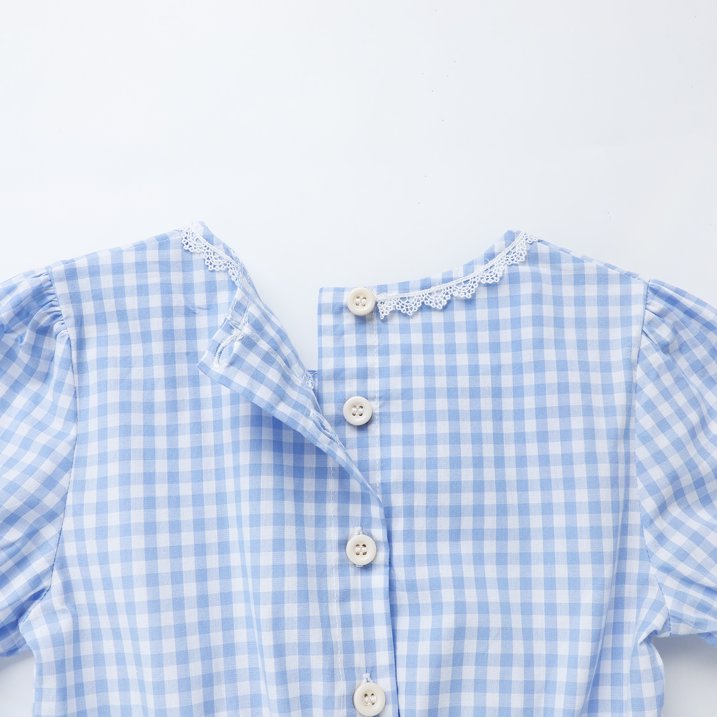 HILEELANG 3-13T Little/Big Girls Blue Gingham Square Neck 100% Cotton Dress