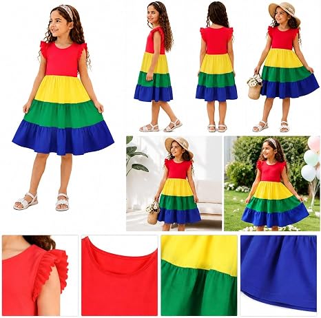 HILEELANG Girls Cotton Tiered Dress Flutter Ruffle Sleeve Summer Swing Sundress Birthday Party Casual Outfit Colorblock