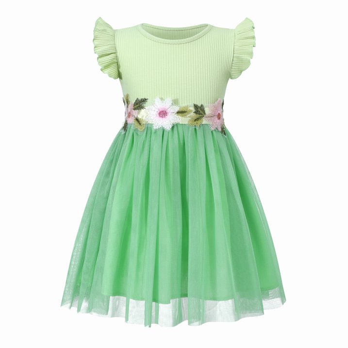 HILEELANG Toddler Little Girls Mint Green Tulle Dress, Floral Embroidered Flutter Sleeve Summer Party Dress