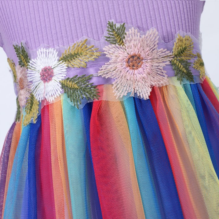 HILEELANG Toddler Little Girls Rainbow Tulle Dress, Floral Embroidered Flutter Sleeve Birthday Party Tutu Dress for Girls