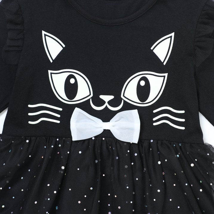 HILEELANG Toddler Girl Hallowen 2-8years old Dress Long Sleeve Novelty Black Cat Graphic Glow in the Dark Tulle Tutu Party Dresses With Witch Hat