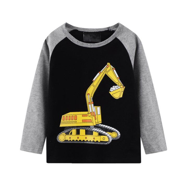 HILEELANG Toddler Boys' Long Sleeve Tee Shirt Christmas Cotton Casual Crewneck Excavator Graphic Tops T-Shirts Yellow Blue 3 Packs