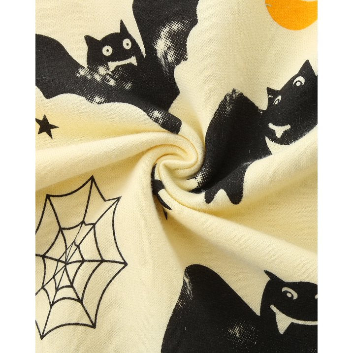 HILEELANG Toddler(18M-7T) Halloween Sweatshirt – 100% Cotton Pullover with Black bat and moon pattern, White and yellow Fall Crewneck for Boys Girls