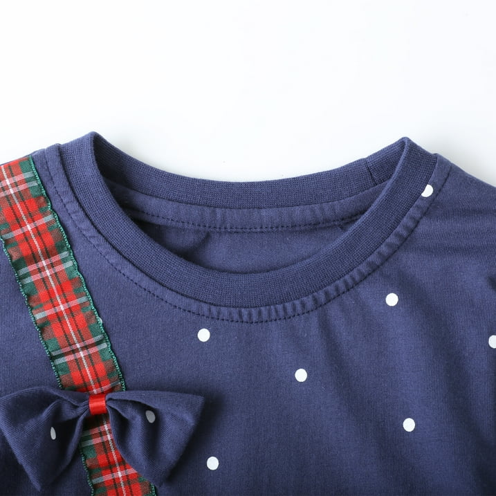 HILEELANG Toddler Girls Christmas Long Sleeve Dress Cotton Casual Navy Elk Embroidery Jersey Shirt Fall Winter Holiday Playwear Dresses 2