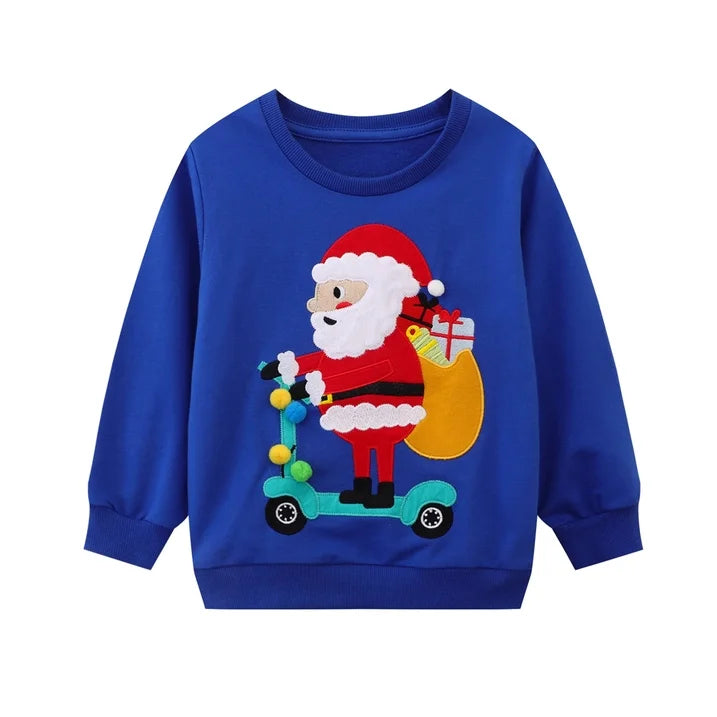 HILEELANG Toddler Boy(2-7Y) Sweatshirts Christmas Royal Blue Santa Claus Applique Pullover Cotton Long Sleeve Top Clothing