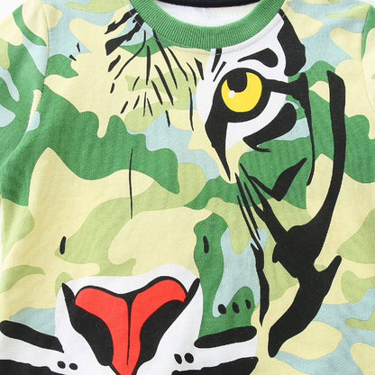 HILEELANG Toddler Boy Long Sleeve Sweatshirts Green Camouflage Tiger Printed Crewneck Pullover Cotton Top Sweater Shirts
