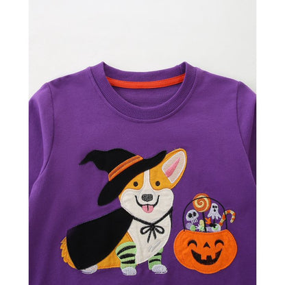 HILEELANG Toddler(18M-7T) Halloween Sweatshirt – 100% Cotton Pullover with Little dog witch and pumpkin embroidery pattern, Purple Fall Crewneck for Boys Girls