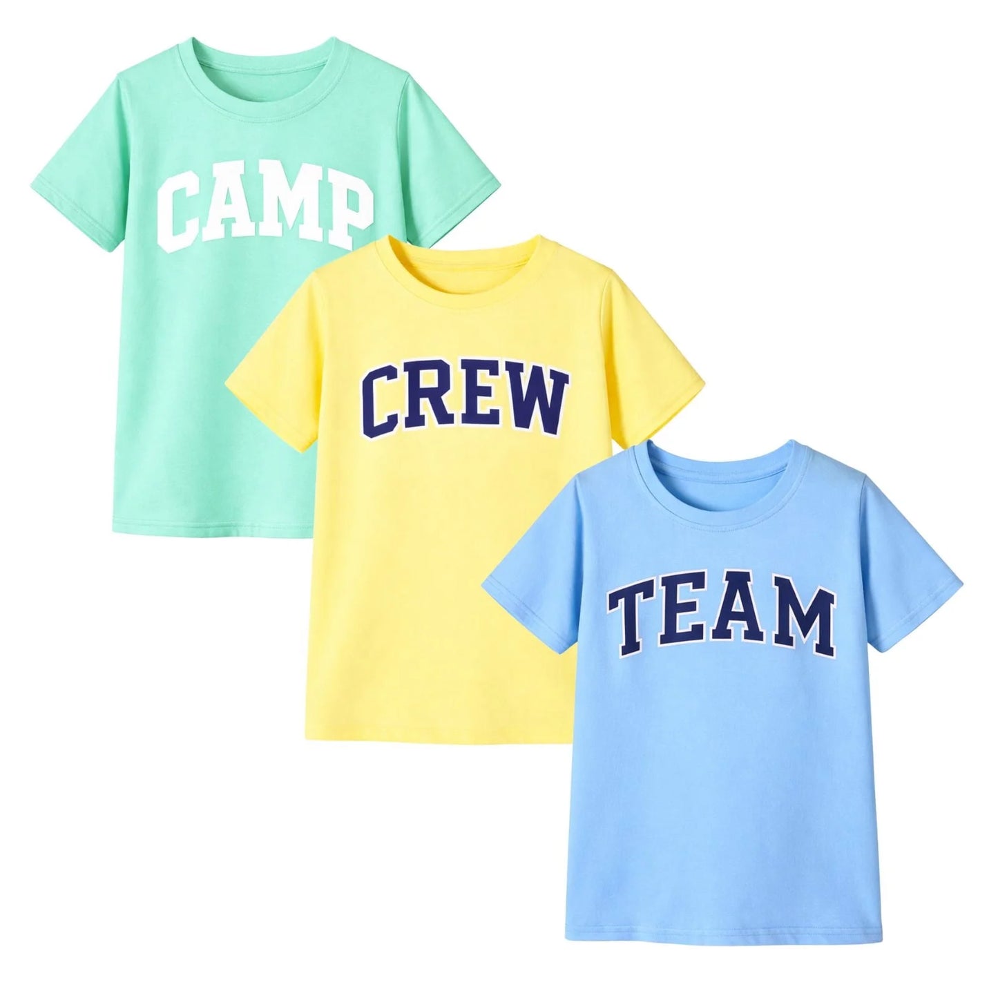 HILEELANG 4-13 Little/Big Boys Light Blue/Yellow/Mint Team Crew Camp 100% Cotton 3-Pack Short Sleeve T-Shirt