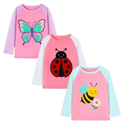 HILEELANG Toddler Girls Long Sleeve Raglan T Shirts 3 Pack – Pink Purple Butterfly, Pink White Ladybug, Pink Mint Bee – 100% Cotton Graphic Tops for Kids