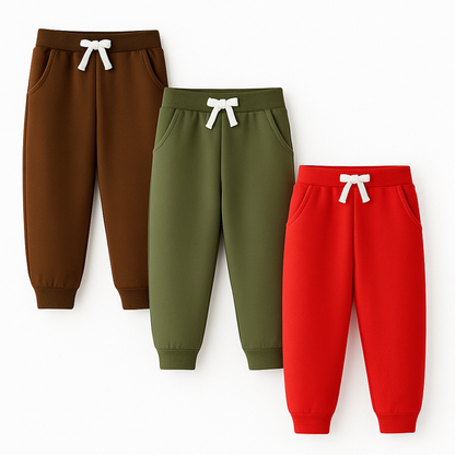 HILEELANG Baby Boys Cotton Jogger Sweatpants 3 Pack, Red Brown Green Soft Elastic Waist Playwear Sport Pants with Pockets