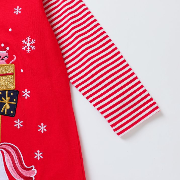 HILEELANG Toddler Girls Long Sleeve Christmas Dress Cotton Casual Red Strip Unicorn Applique Jersey Shirt Playwear Dresses