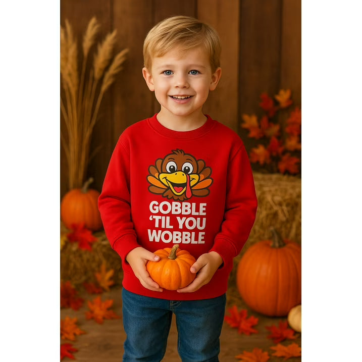 HILEELANG Kids Thanksgiving Sweatshirt, Cotton Pullover Top with Turkey Print Gobble Til You Wobble, Unisex Fall Holiday Long Sleeve Shirt for Toddler Boys Girls