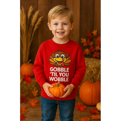 HILEELANG Kids Thanksgiving Sweatshirt, Cotton Pullover Top with Turkey Print Gobble Til You Wobble, Unisex Fall Holiday Long Sleeve Shirt for Toddler Boys Girls