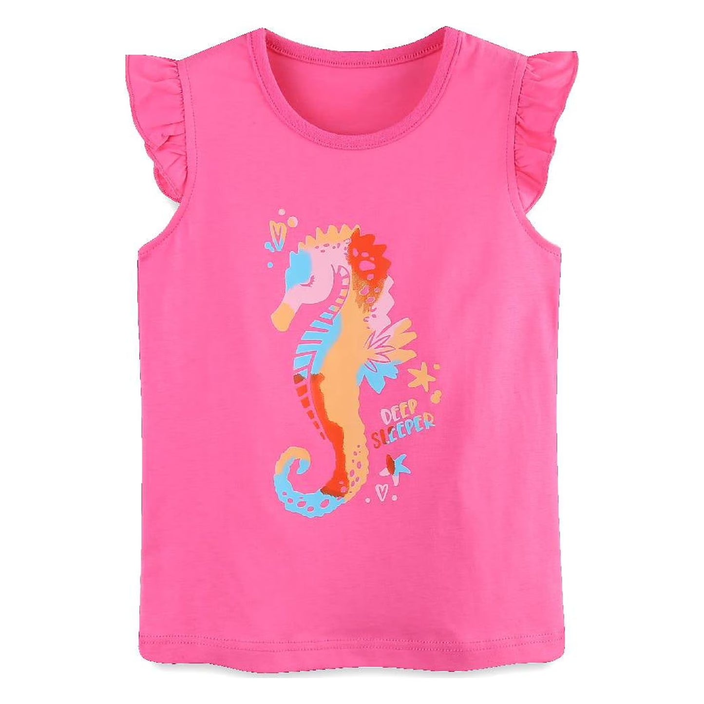 HILEELANG Toddler Girl Summer Short Outfits Cotton CrewNeck Pink Sea Horse Short Sleeve Playwear 2PC