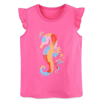HILEELANG Toddler Girl Summer Short Outfits Cotton CrewNeck Pink Sea Horse Short Sleeve Playwear 2PC