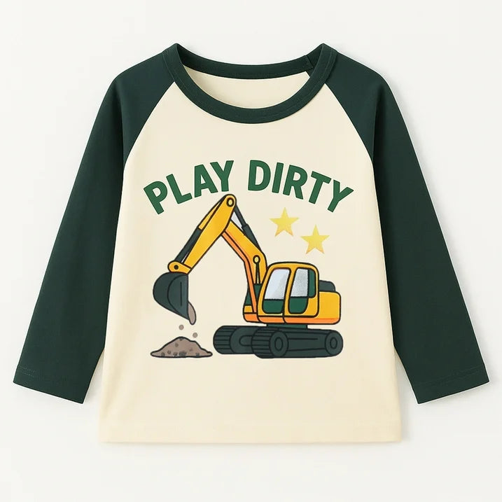 HILEELANG Toddler Boys（2Y-7Y) Shirt 3-Pack Excavator Graphic Long-Sleeve Tees Winter Cotton Casual Crewneck T-Shirts