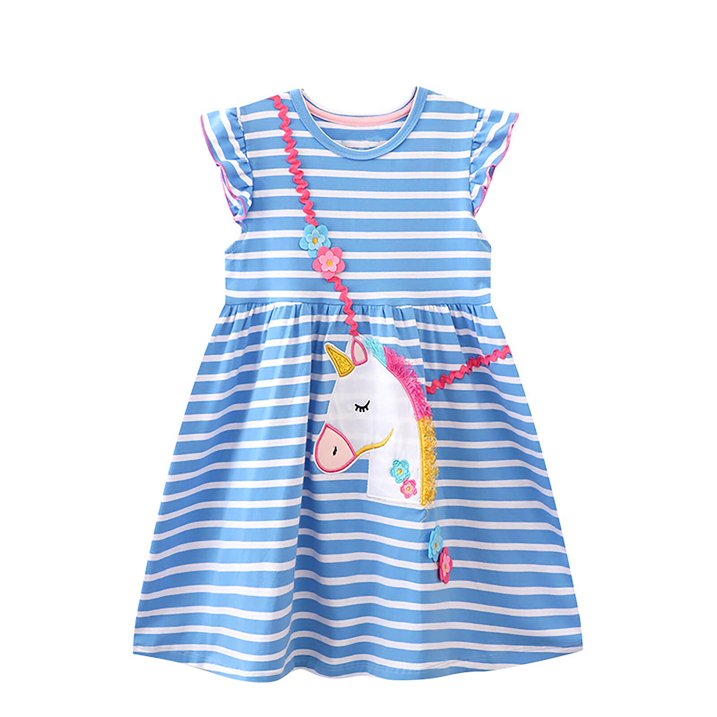 HILEELANG Toddler Girls Cotton Dress Sleeveless Casual Summer Striped Basic Shirt Blue Striped Unicorn Jumpskirt Playwear Dresses