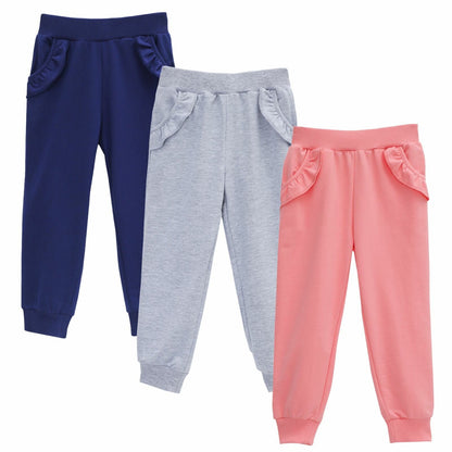 HILEELANG Baby Girls' Jogger Pants 3-Pack Pull on Cotton French Terry Solid Grey Navy pink Ruffle Pocket SweatPants12M