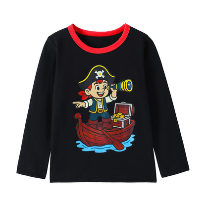HILEELANG Baby Boys Shirt 3-Pack Robot And BoatGraphic Long-Sleeve Tees Winter Cotton Casual Crewneck T-Shirts