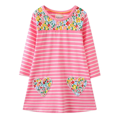HILEELANG toddle Girls Long sleeved Dresses Christmas Casual Winter Cotton Casual Cute Party Cartoon Striped printing Pattern Dress