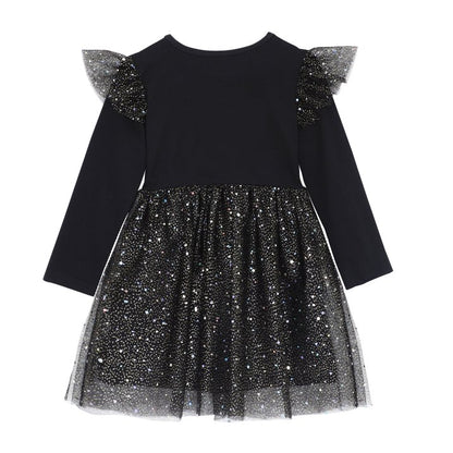 HILEELANG Toddler Girls Halloween Dress 2–7Y, Long Sleeve Pumpkin Ghost Black Cat Print Tulle Skirt with Witch Hat