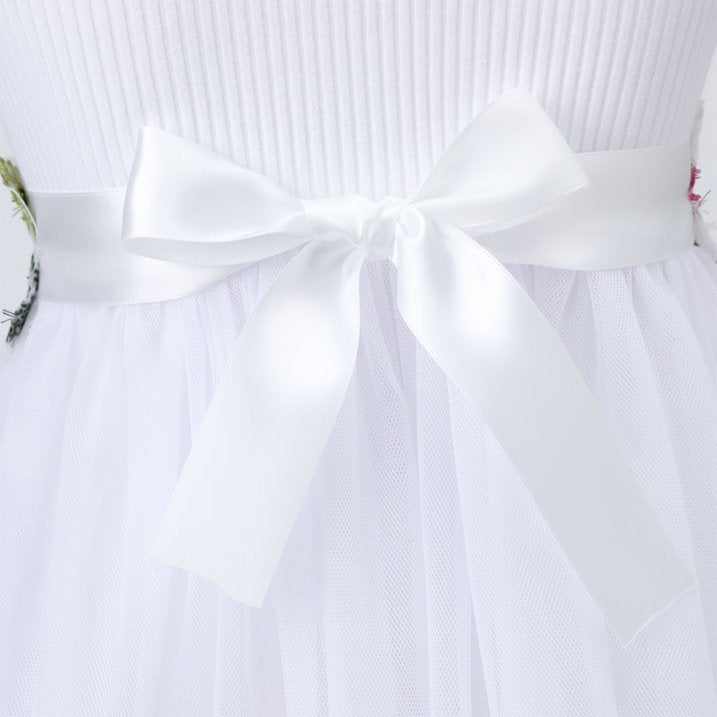 HILEELANG Toddler Little Girls White Tulle Dress, Floral Embroidered Flutter Sleeve Flower Girl Dress for Wedding Birthday Picture Day