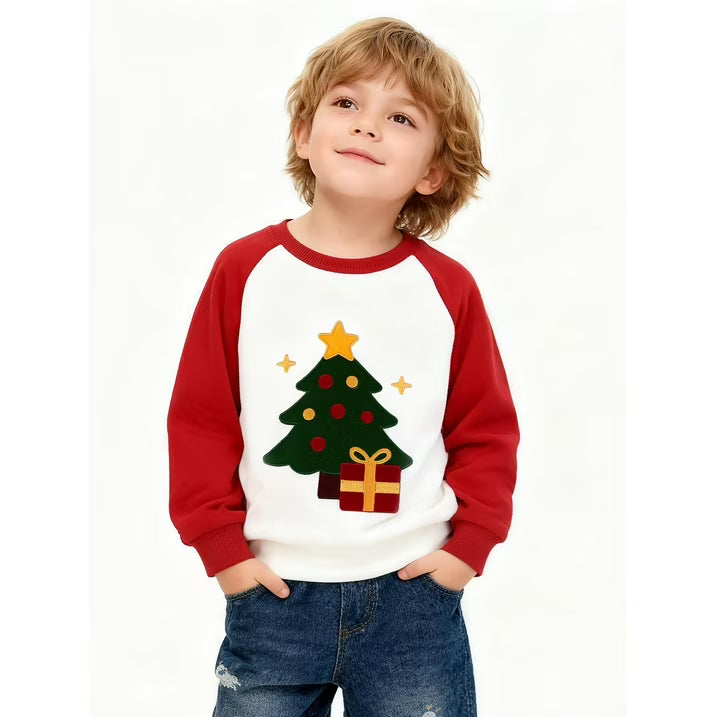 HILEELANG Toddler Boys Christmas Tree Embroidery Sweatshirt and Pants Set, 2 Piece Long Sleeve Outfit for Kids, Cotton Fall Winter Clothes