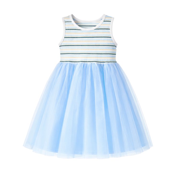 HILEELANG 2-7T Toddler Little Girls Rainbow Striped Ribbed Tulle Dress, Sky Blue Sleeveless Casual Sundress