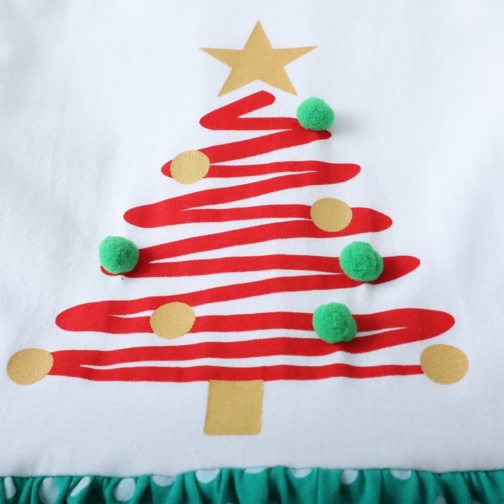 HILEELANG Girls Christmas Dress White Long Sleeve, Toddler and Little Kids Holiday Outfit with and Christmas Tree Print, Festive Cotton Dress