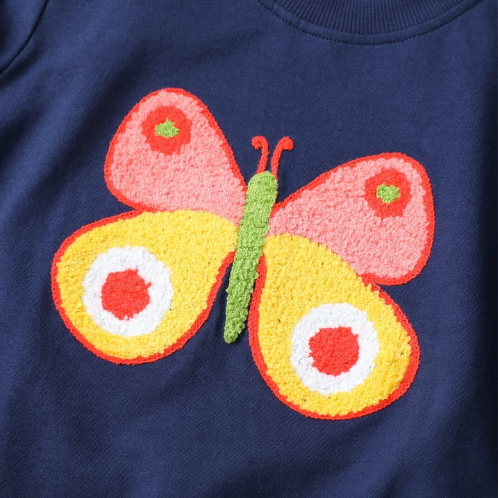 HILEELANG Toddler Girl Sweatshirts Navy Butterfly Printed Cotton Casual Crew Neck Long Sleeve Tops Shirt