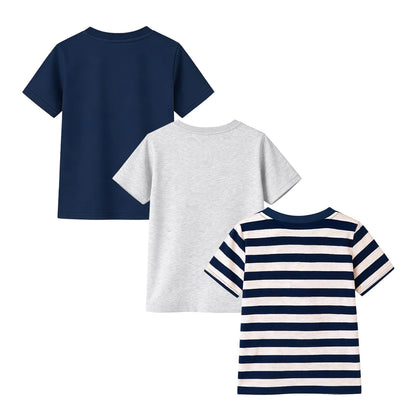 HILEELANG 4-13 Little/Big Boys Navy/Gray/Stripe Classic Stripe Pocket 100% Cotton 3-Pack Short Sleeve T-Shirt