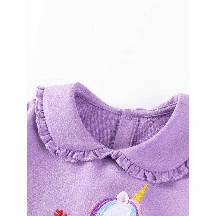 HILEELANG Toddler Girl Sweatshirt and Leggings Set （Age:2-7Y) – Long Sleeve Purple Unicorn Pullover with Collar and Off white Pants, Fall Winter Outfit for Kids