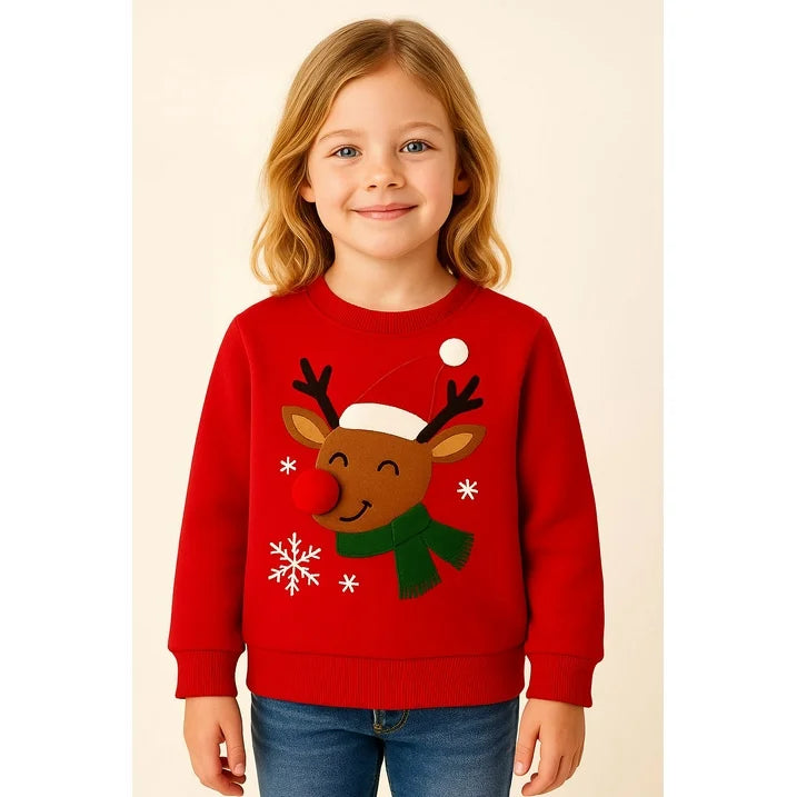 HILEELANG Kids Christmas Sweatshirt, Cotton Pullover Top with Reindeer Appliqué, Unisex Holiday Long Sleeve Shirt for Toddler Boys Girls