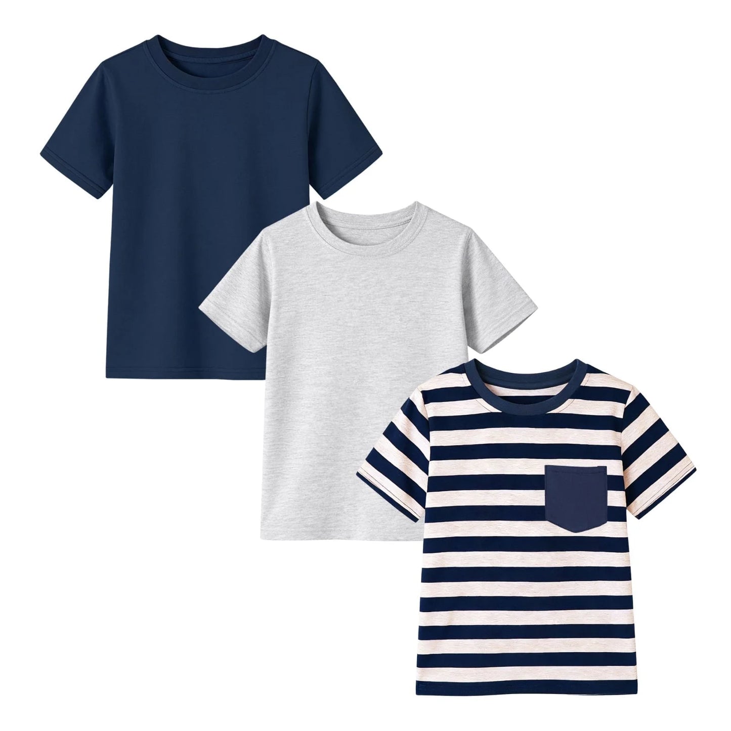 HILEELANG 4-13 Little/Big Boys Navy/Gray/Stripe Classic Stripe Pocket 100% Cotton 3-Pack Short Sleeve T-Shirt