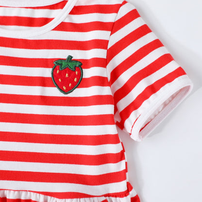 HILEELANG 2-8 Toddler Girls Red White Stripe Strawberry Summer Play Dress