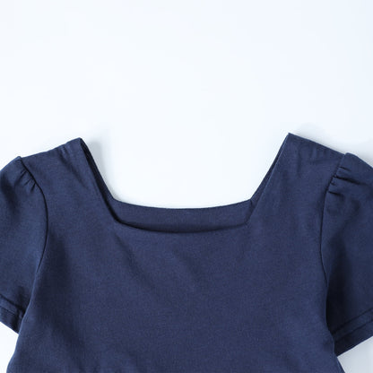 HILEELANG Toddler Girls 2-8T 100% Cotton Tiered Dress Navy Colorblock Short Sleeve Casual Dress