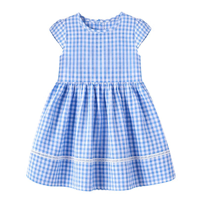 HILEELANG 3-13T Little/Big Girls Light Blue Gingham 100% Cotton Dress