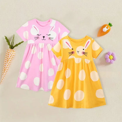 HILEELANG Toddler Little Girls 2 Pack Bunny Print Dresses, Short Sleeve Casual Summer Play Dress Set